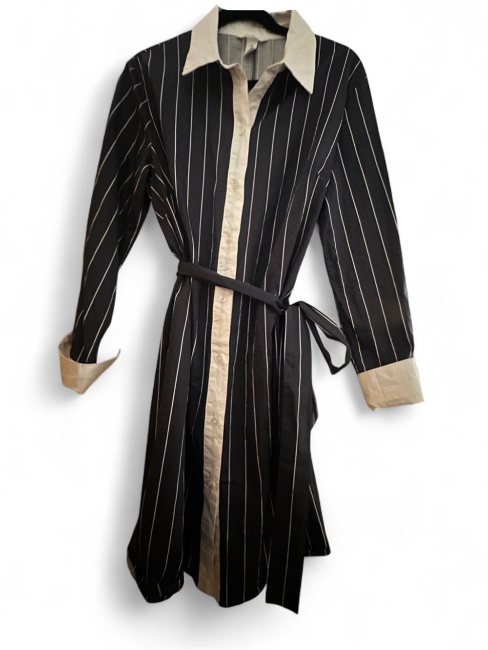 H&M Blue and White Pinstripe Midi Dress with White Trim